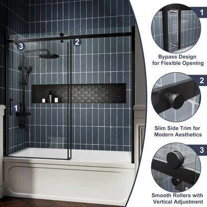 Zephyr 56-60" Semi-Frameless Single Sliding Tub Door,Matte Black,Bypass Bathtub Shower Tempered Glass Door with Explosion-Proof Film