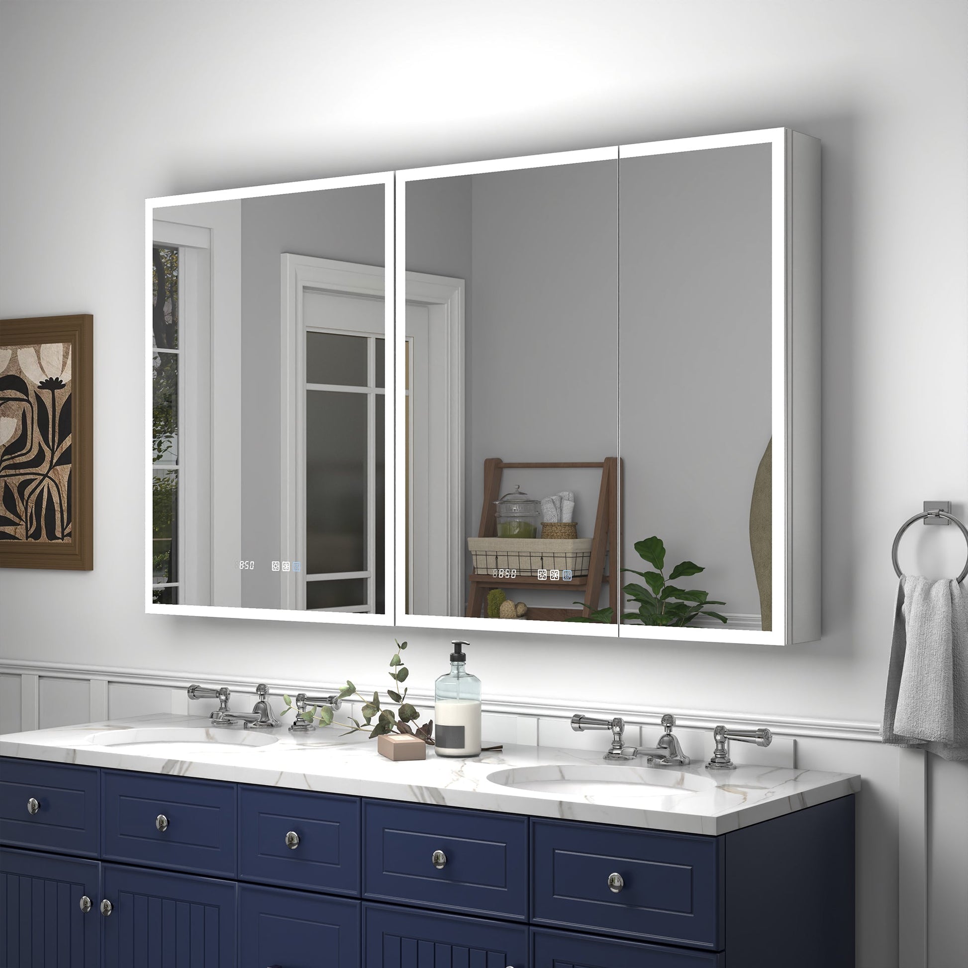 Rim 54" W x 32" H LED Lighted Medicine Cabinet Recessed or Surface with mirrors - ExBriteUSA