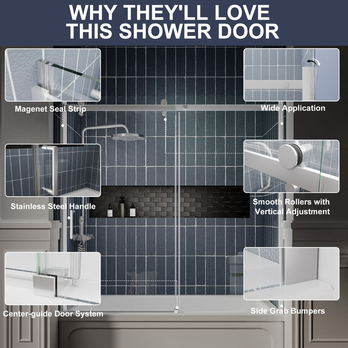 Zephyr 52-56" Semi-Frameless Single Sliding Tub Door,Chrome,Bypass Bathtub Shower Tempered Glass Door with Explosion-Proof Film