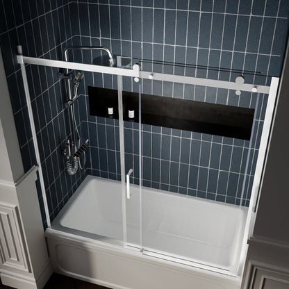 Zephyr 52-56" Semi-Frameless Single Sliding Tub Door,Chrome,Bypass Bathtub Shower Tempered Glass Door with Explosion-Proof Film