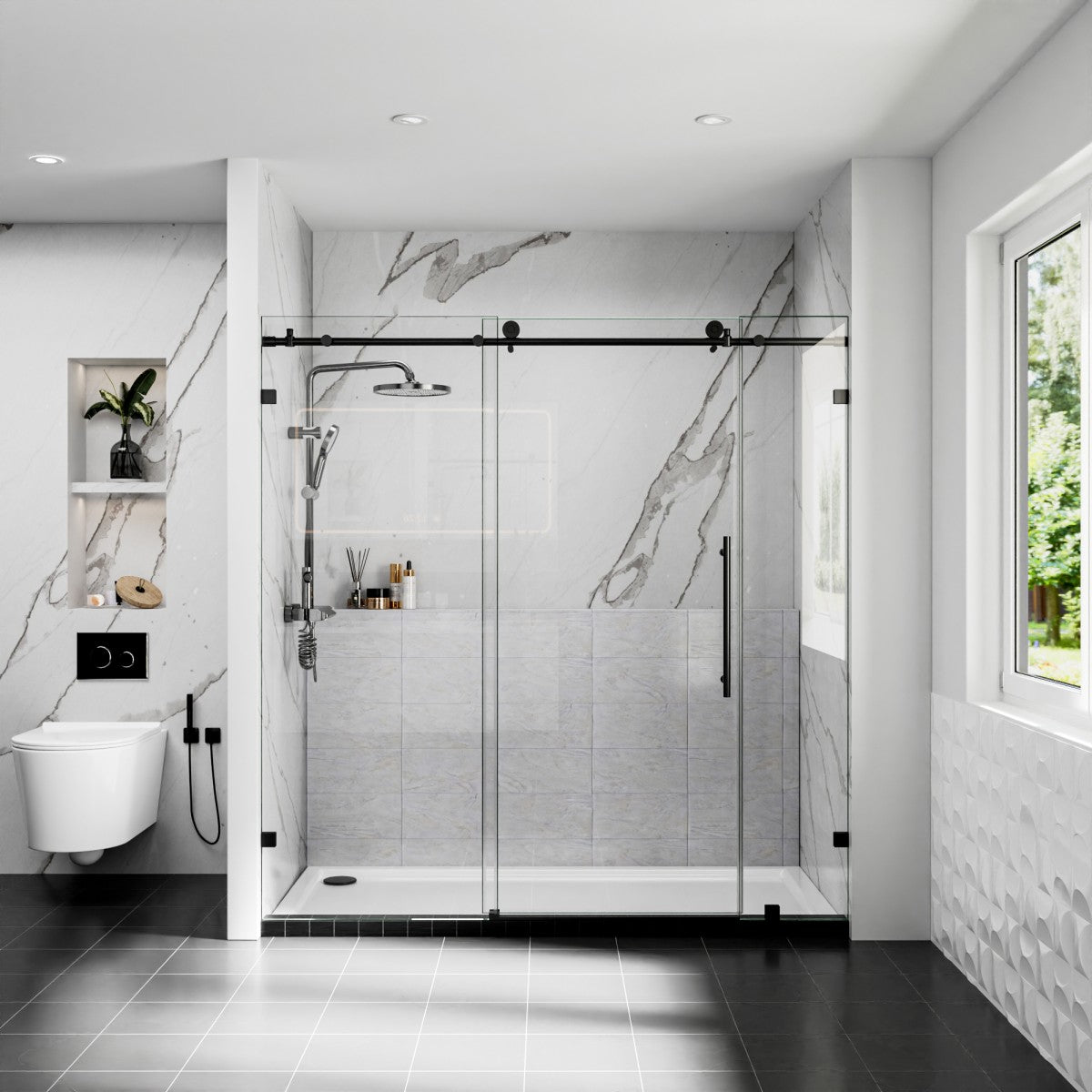 Modern bathroom with glass shower enclosure, toilet, and window.