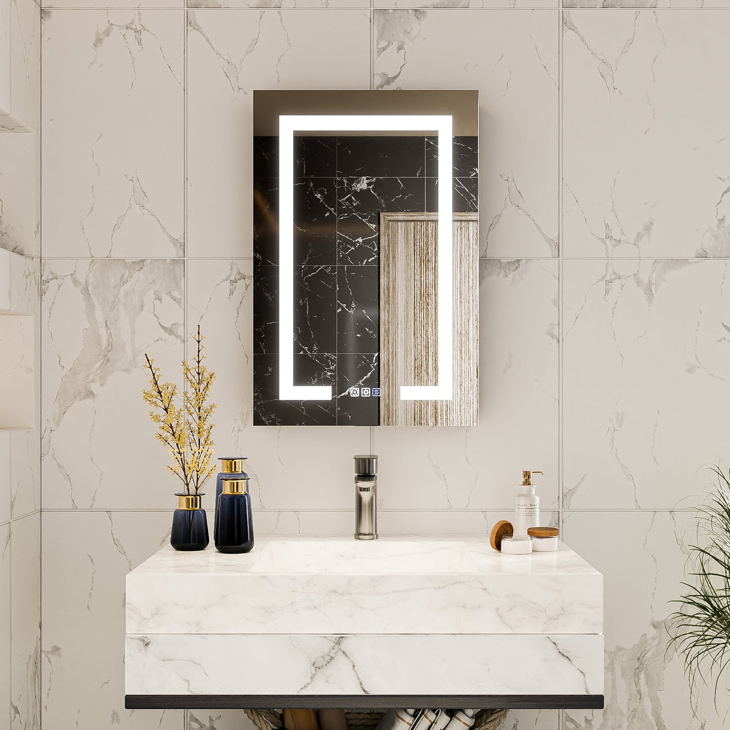 Boost-M1 20" W x 30" H Light Medicine Cabinet Recessed or Surface Mount Aluminum Adjustable Shelves Vanity Mirror Cabinet, Black Frame, Hinge on the Right - ExBriteUSA