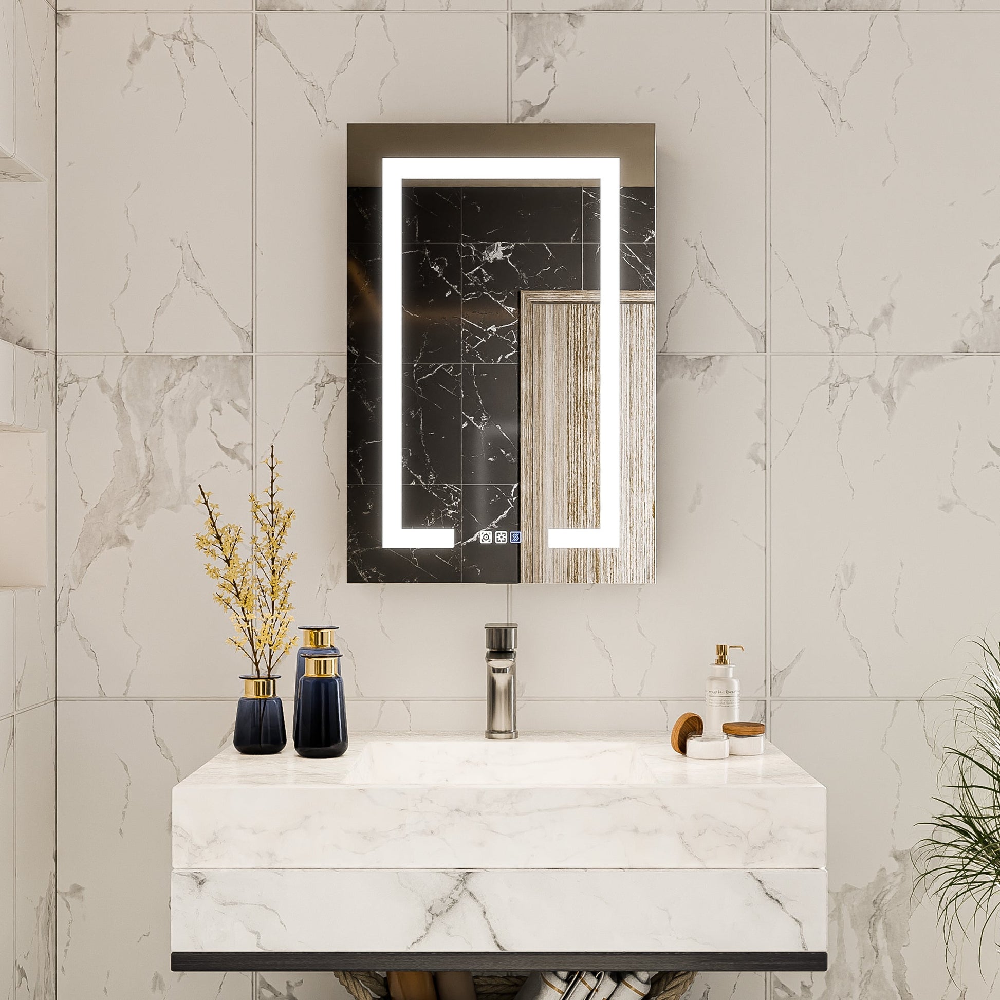 Boost-M1 20" W x 30" H Light Medicine Cabinet Recessed or Surface Mount Aluminum Adjustable Shelves Vanity Mirror Cabinet, Black Frame, Hinge on the Right - ExBriteUSA