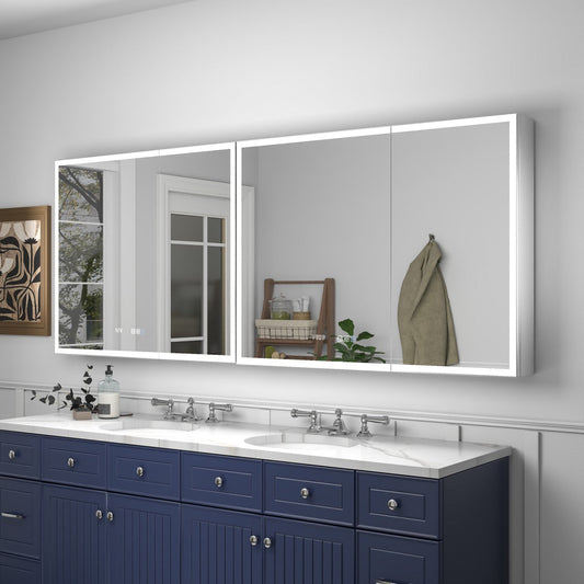Bathroom vanity with large illuminated mirror, blue cabinets, and white countertop.