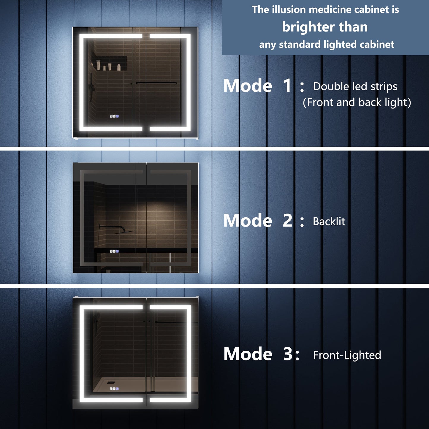ILLUMINATED CABINET WITH LED LIGHTING MODES ON A BLUE WALL