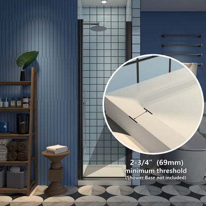 Classy 24-26" W x 72" H clear glass shower door with black hinged pivot install, featuring 6mm tempered glass and semi-frameless design.