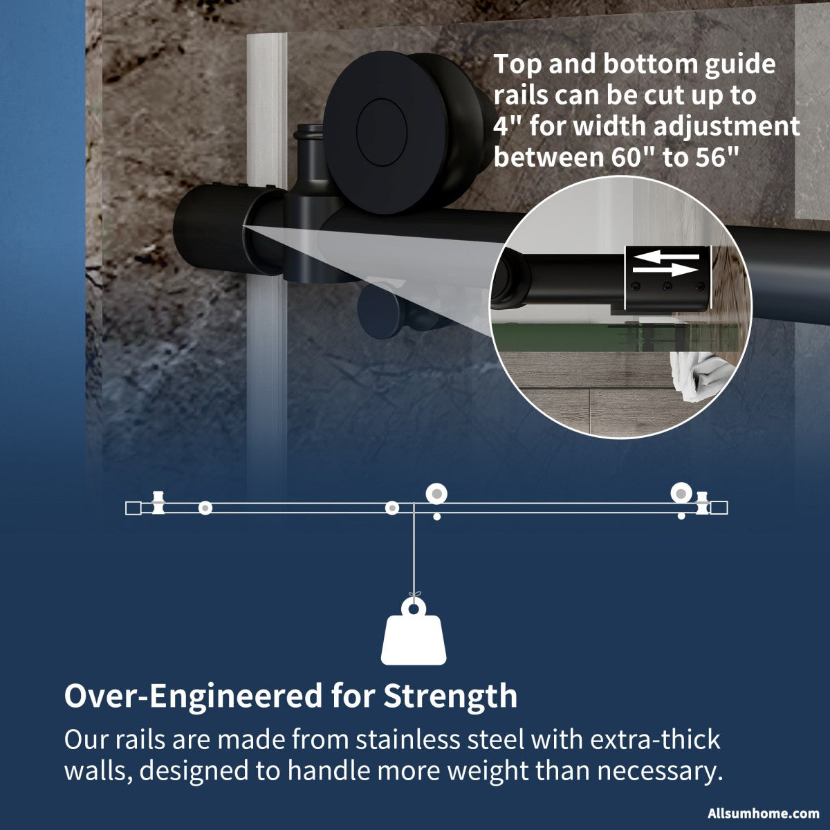 Anchor 56-60 in. W x 74 in. H Frameless Tall Shower Door Sliding Walk-in Shower Design with 8mm thick Clear Glass,Black - ExBriteUSA