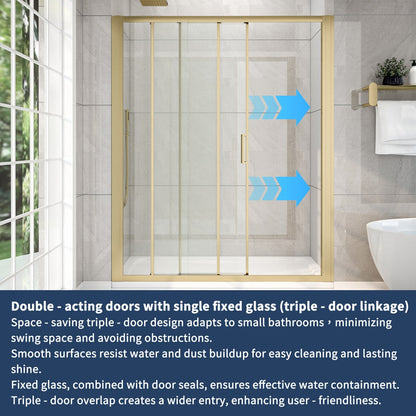 Nexus 56-60W x 70.H Easy Clean Framed Tri-Fold Sliding Shower Door with 1/4" (6mm) Clear SGCC Tempered Glass,Brushed Golde Finish