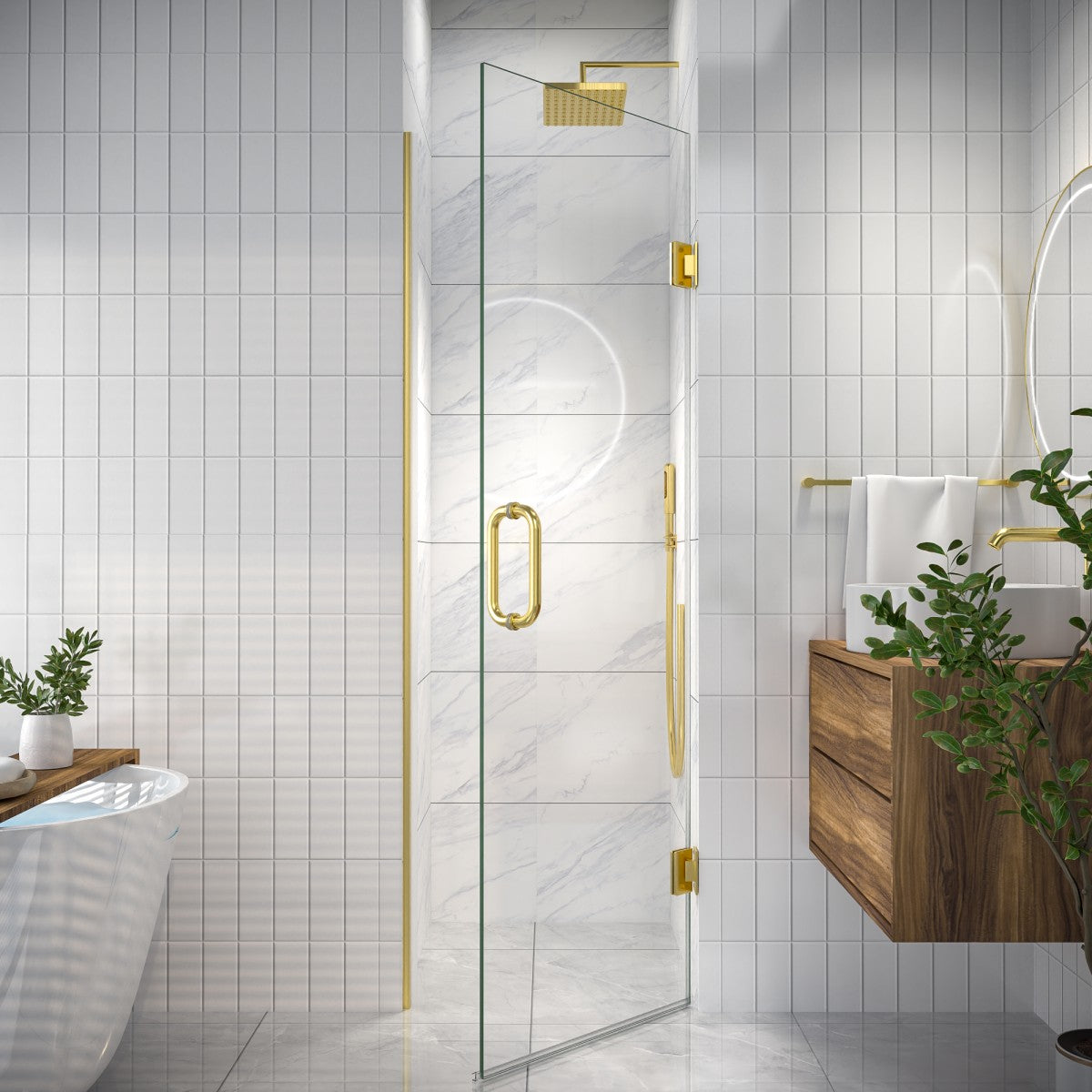 Valor 24"x72" Frameless Shower Door in Brush Gold,Water Repellent Glass with Seal Strip Parts and Handle,Glass Hinged Shower Door