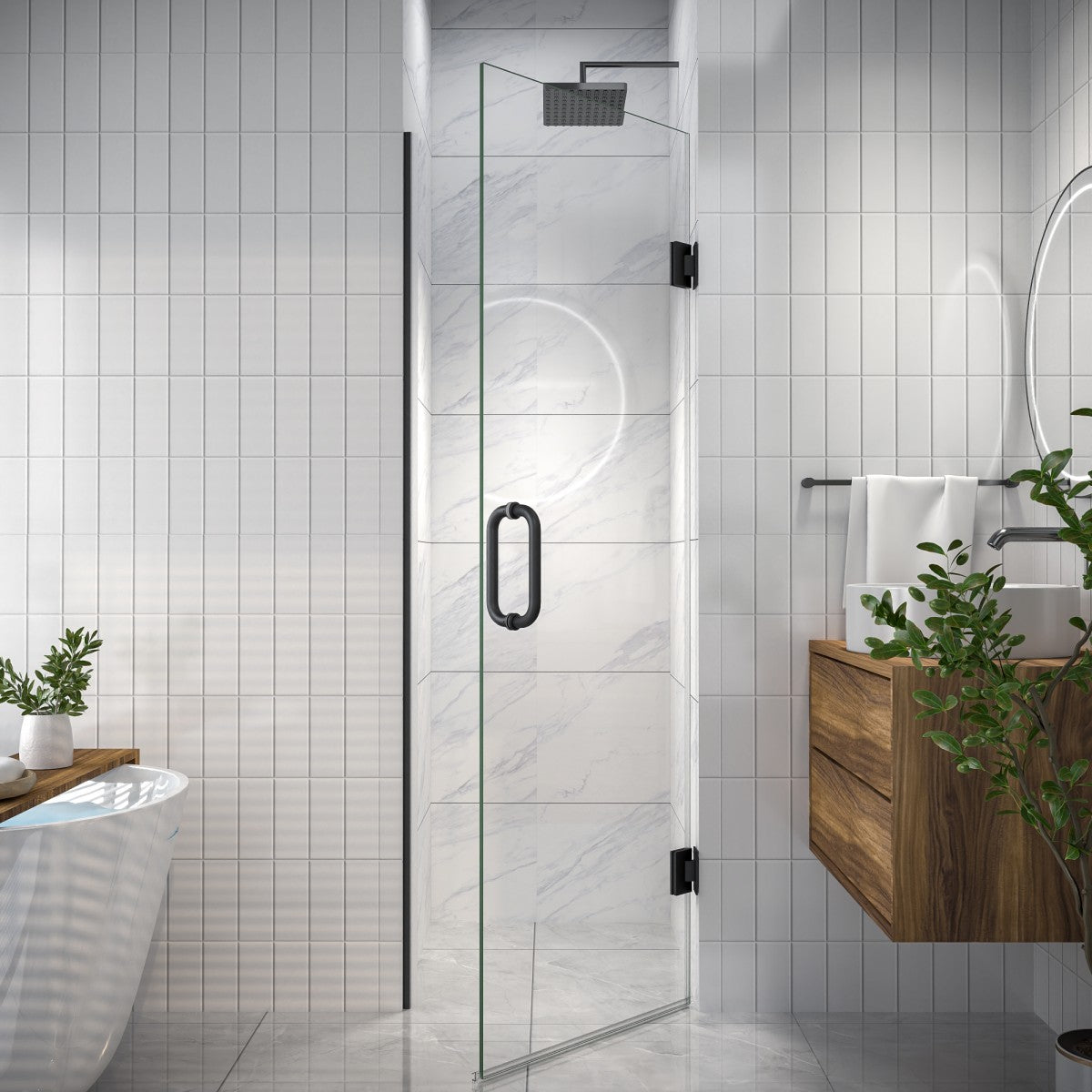 Valor Shower Door 24in.W x 72in.H Frameless Hinged Shower Door,Shower Room Glass Door with Clear Tempered Shower Glass Panel,Black