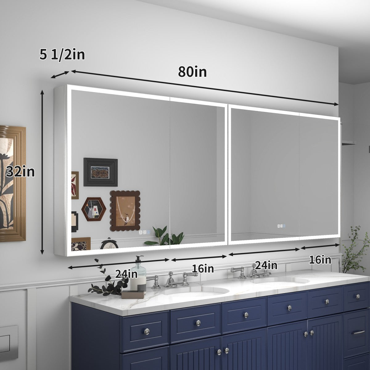 Rim 80" W x 32" H LED Light Medicine Cabinet Mirror Recessed or Surface with Mirrors