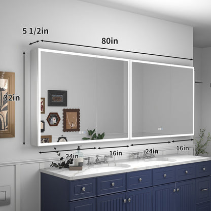 Rim 80" W x 32" H LED Light Medicine Cabinet Mirror Recessed or Surface with Mirrors