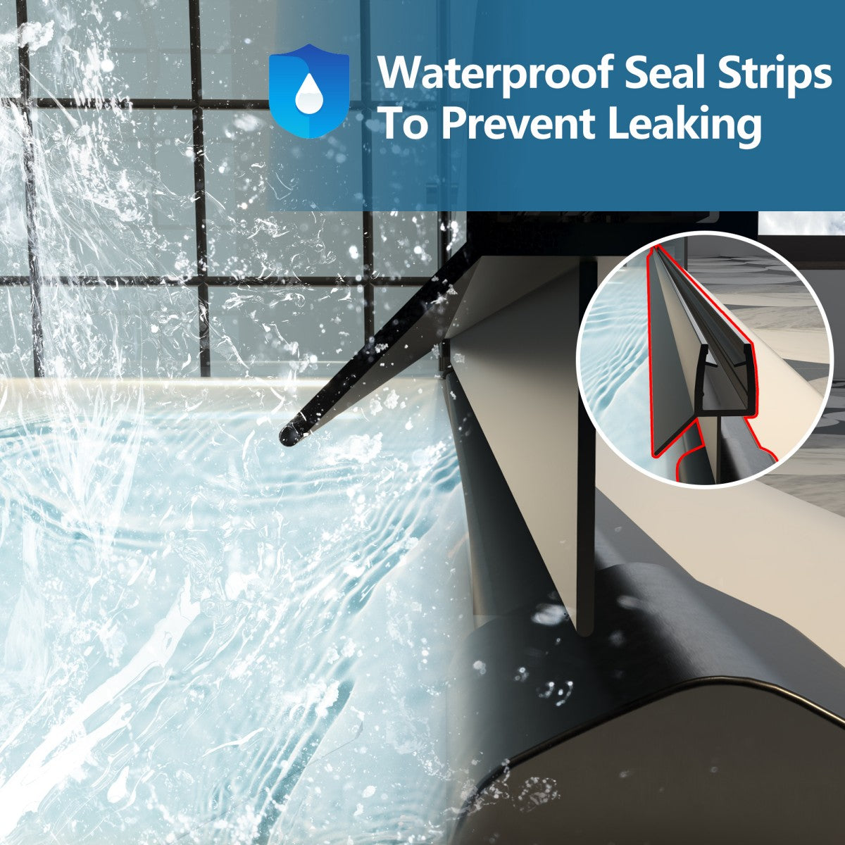 Classy 24-26" W x 72" H small clear glass shower door with hinged pivot and black install, featuring waterproof seal strips to prevent leaking.