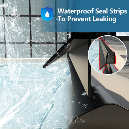 Classy 24-26" W x 72" H small clear glass shower door with hinged pivot and black install, featuring waterproof seal strips to prevent leaking.