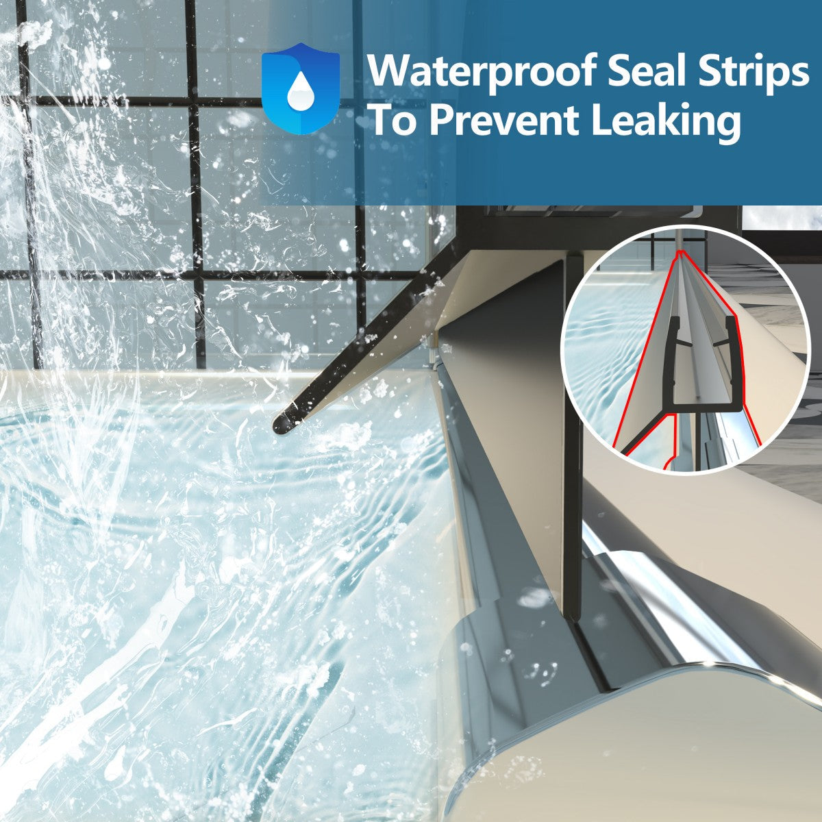 Waterproof seal strips on Exbrite Adapt Bifold Shower Door to prevent leaking.