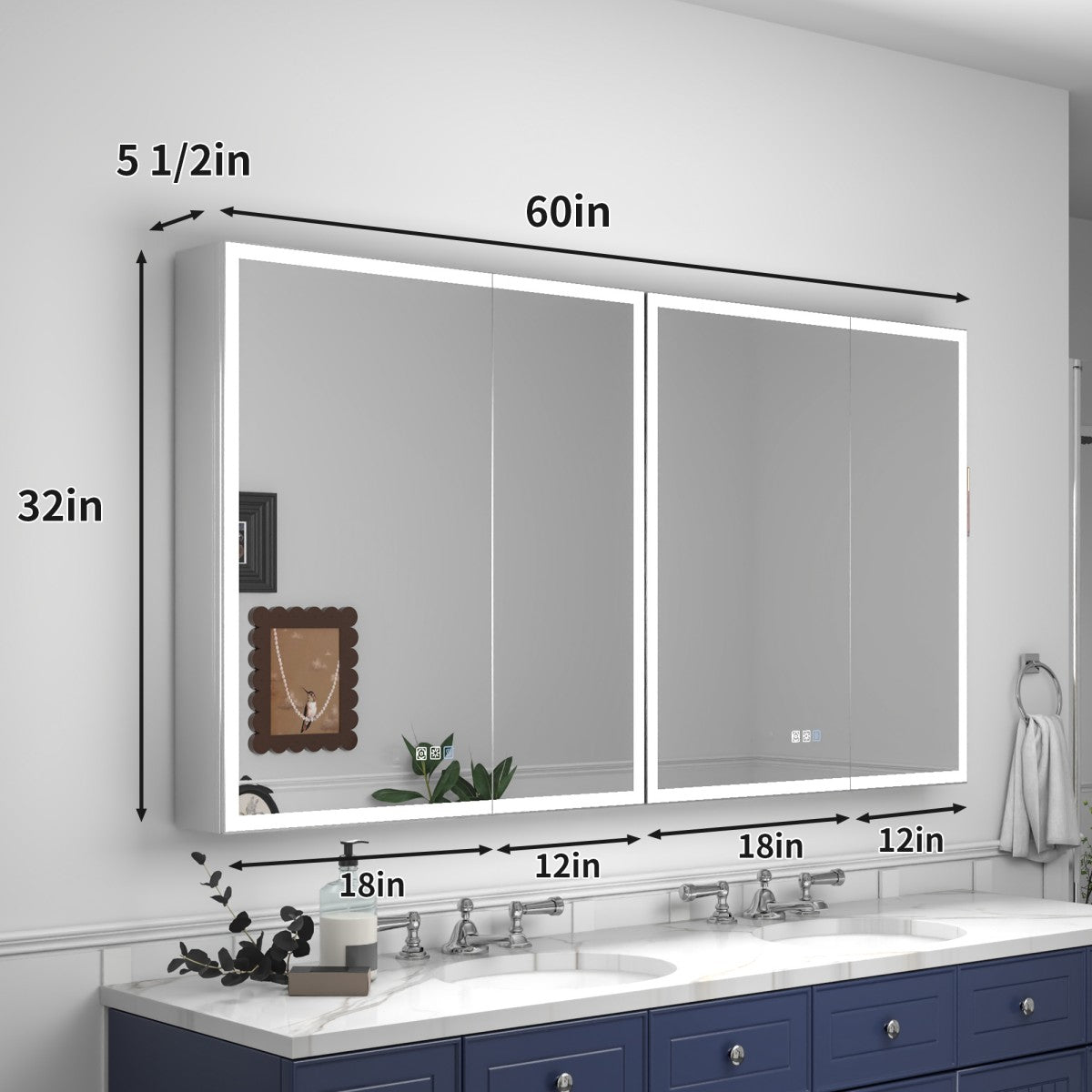 Rim 60" W x 32" H LED Backlit Medicine Cabinet Recessed or Surface with Mirrors