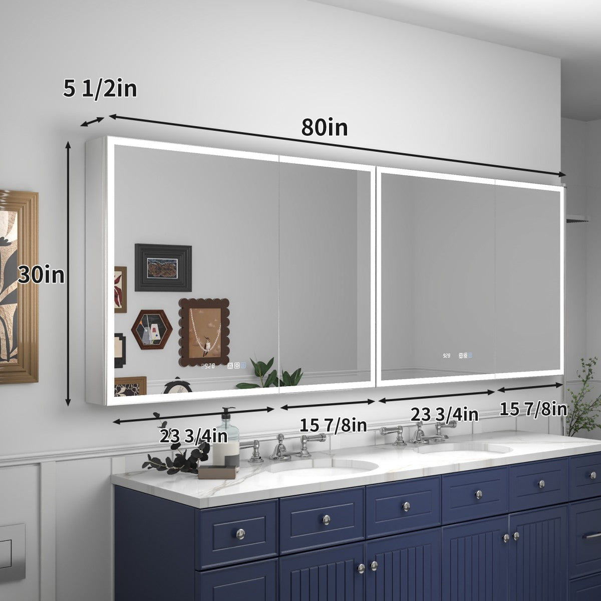 Rim 80" W x 30" H Medicine Cabinet with LED Recessed or Surface with Mirrors