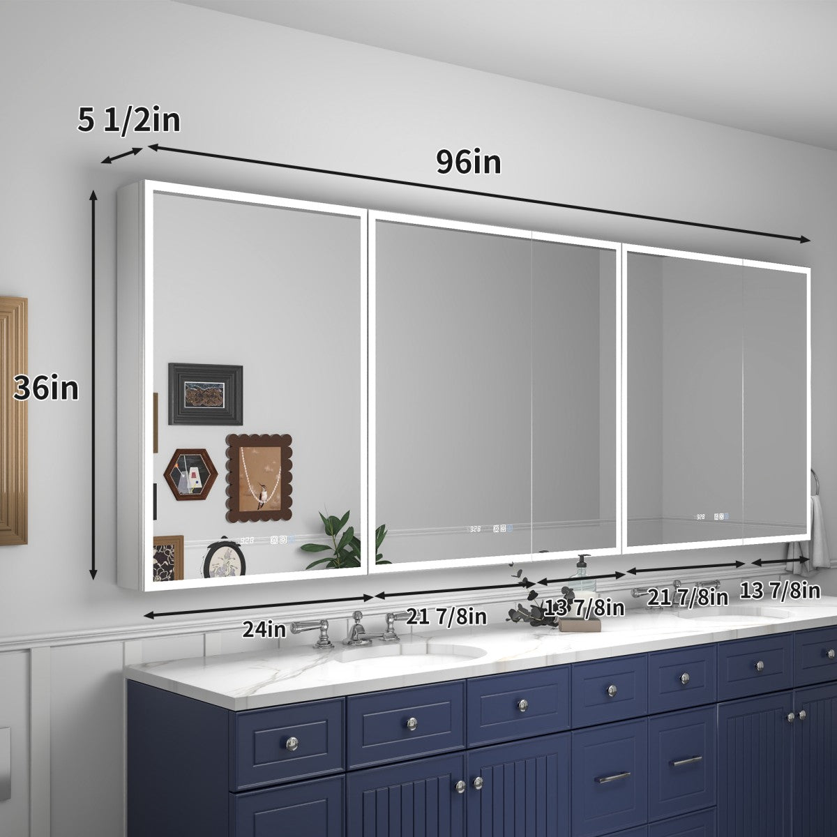 Rim 96" W x 36" H LED Lighted Medicine Cabinet Recessed or Surface with Mirrors