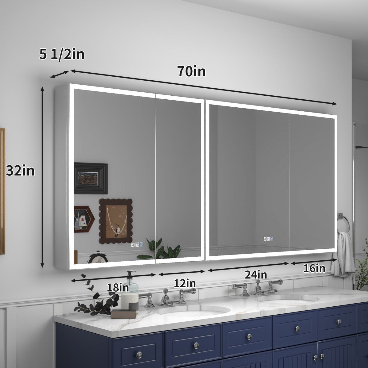 Rim 70" W x 32" H LED Light Bathroom Mirror Medicine Cabinet Recessed or Surface with Mirrors