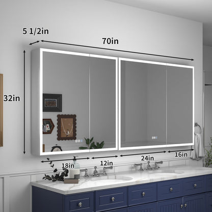 Rim 70" W x 32" H LED Light Bathroom Mirror Medicine Cabinet Recessed or Surface with Mirrors