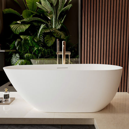 Allsumhome RockE 59" Oval Solid Surface Stone Freestanding Bathtub,Stone Touch,White,Scratch-proof,cUPC Certified,No Drain