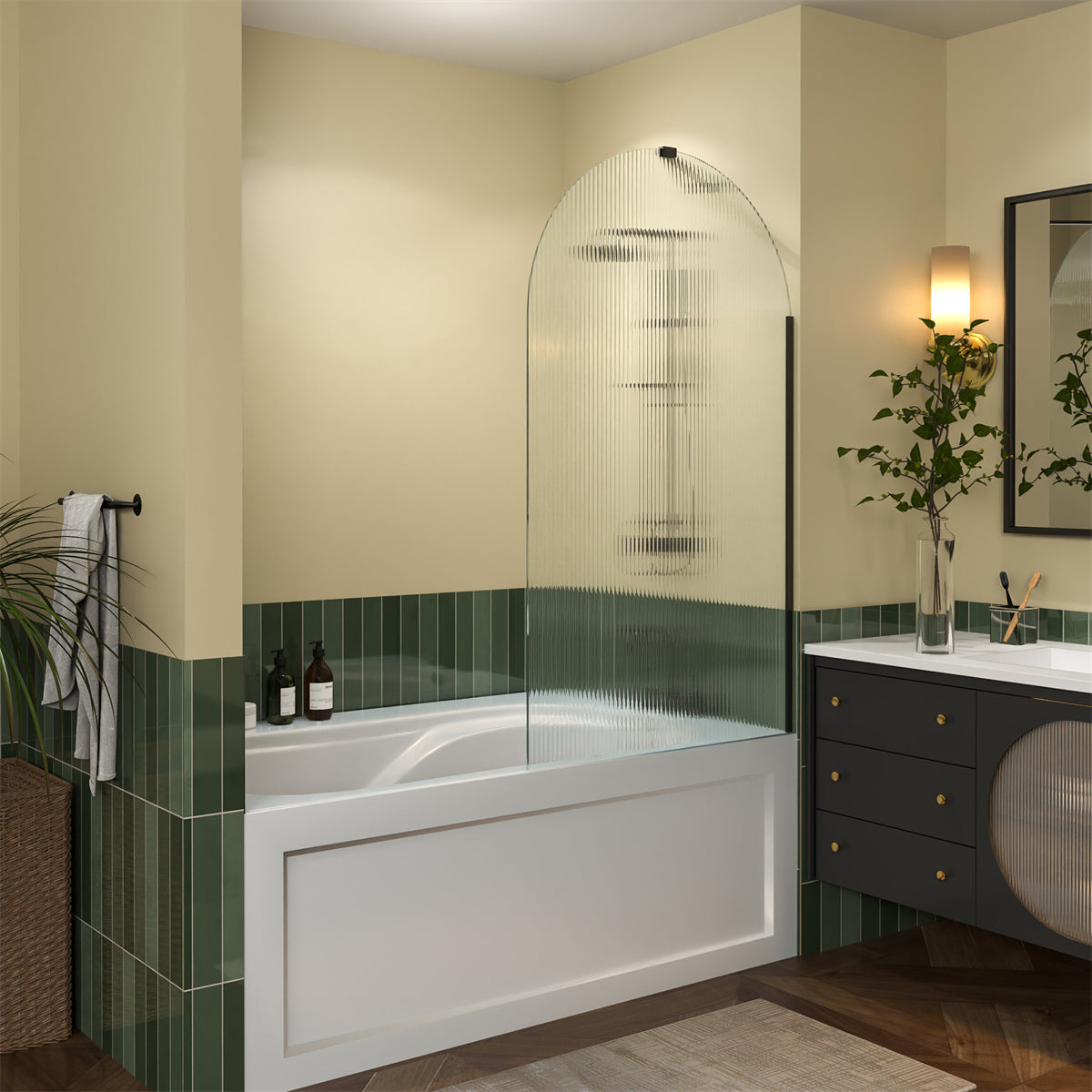 Serenity-S 33" x 58" Bathtub Screen Reeded Glass Shower Panel For Bathtub,Matte Black Finish,Reversible Installation,Semicircle - ExBriteUSA