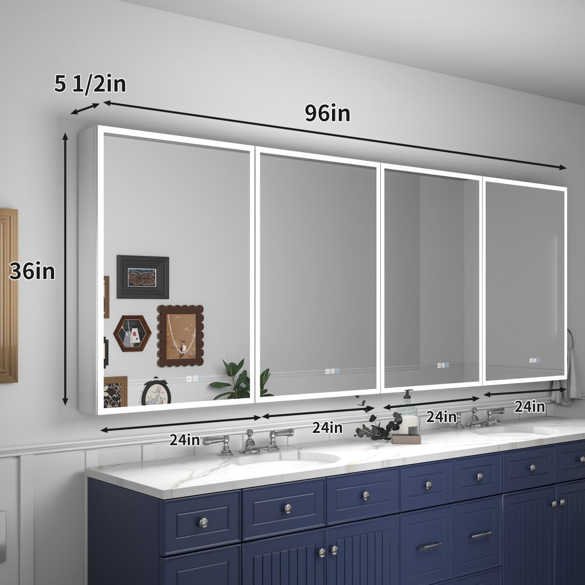 Bathroom vanity with large illuminated mirror and measurements