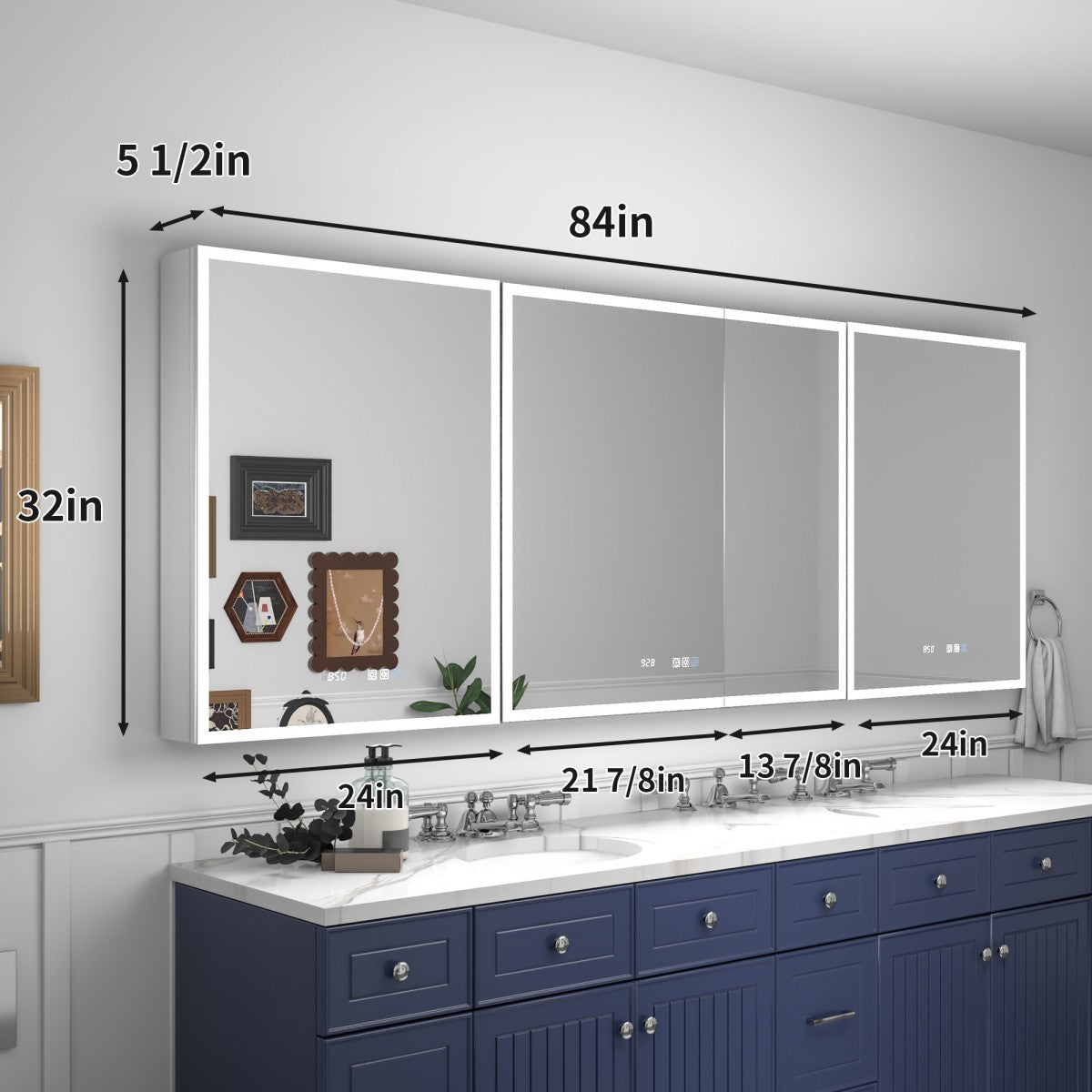 Rim 84" W x 32" H LED Lighted Bathroom Medicine Cabinet with Mirror Recessed or Surface with Mirrors