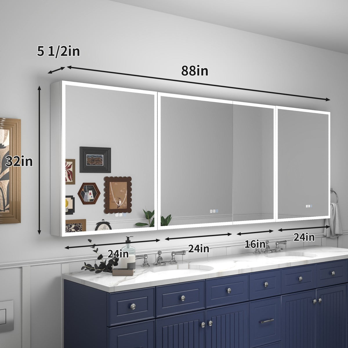 Rim 88" W x 32" H LED Bathroom Medicine Cabinet Recessed or Surface with Mirrors