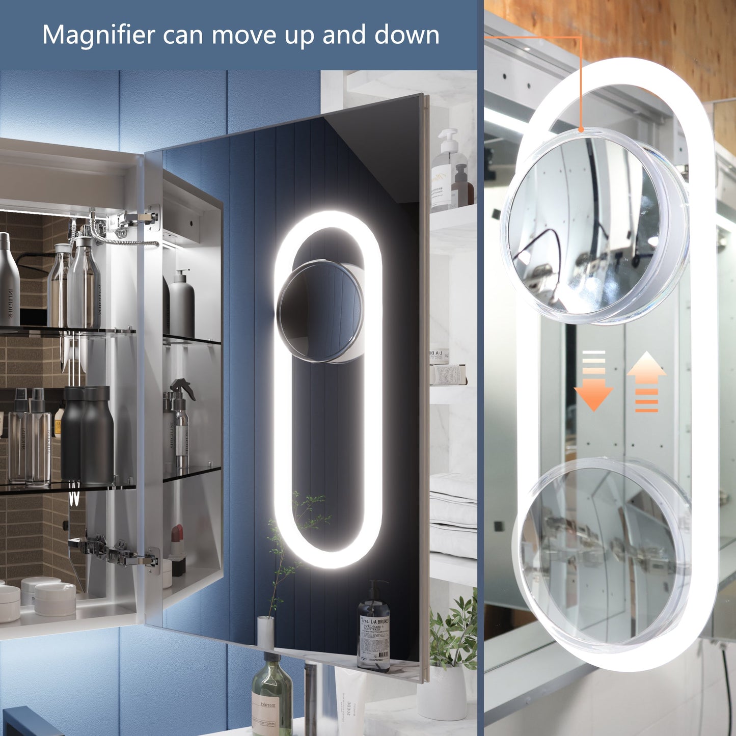 Illusion 20" x 32" LED Lighted Medicine Cabinet with Magnifiers Front and Back Light,Hinge on the Right - ExBriteUSA