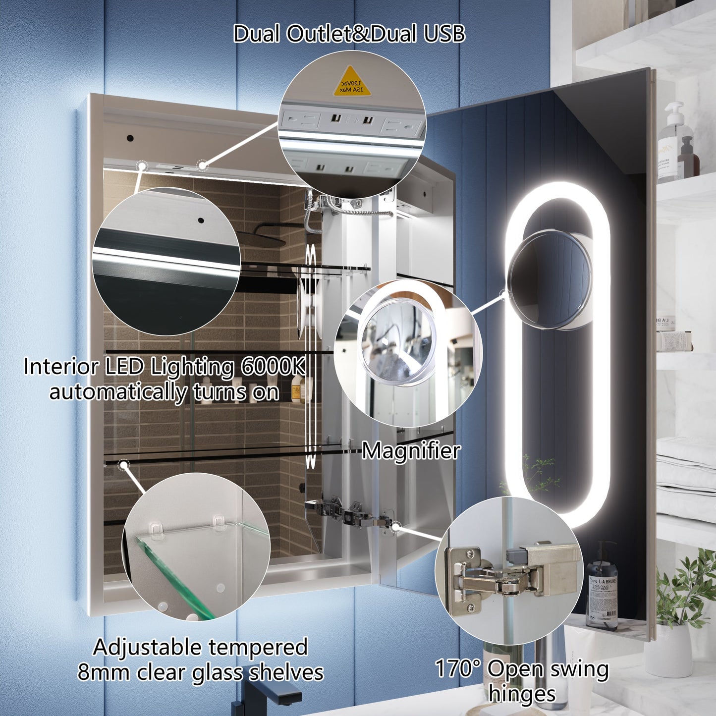 Illusion 20" x 32" LED Lighted Medicine Cabinet with Magnifiers Front and Back Light,Hinge on the Right - ExBriteUSA