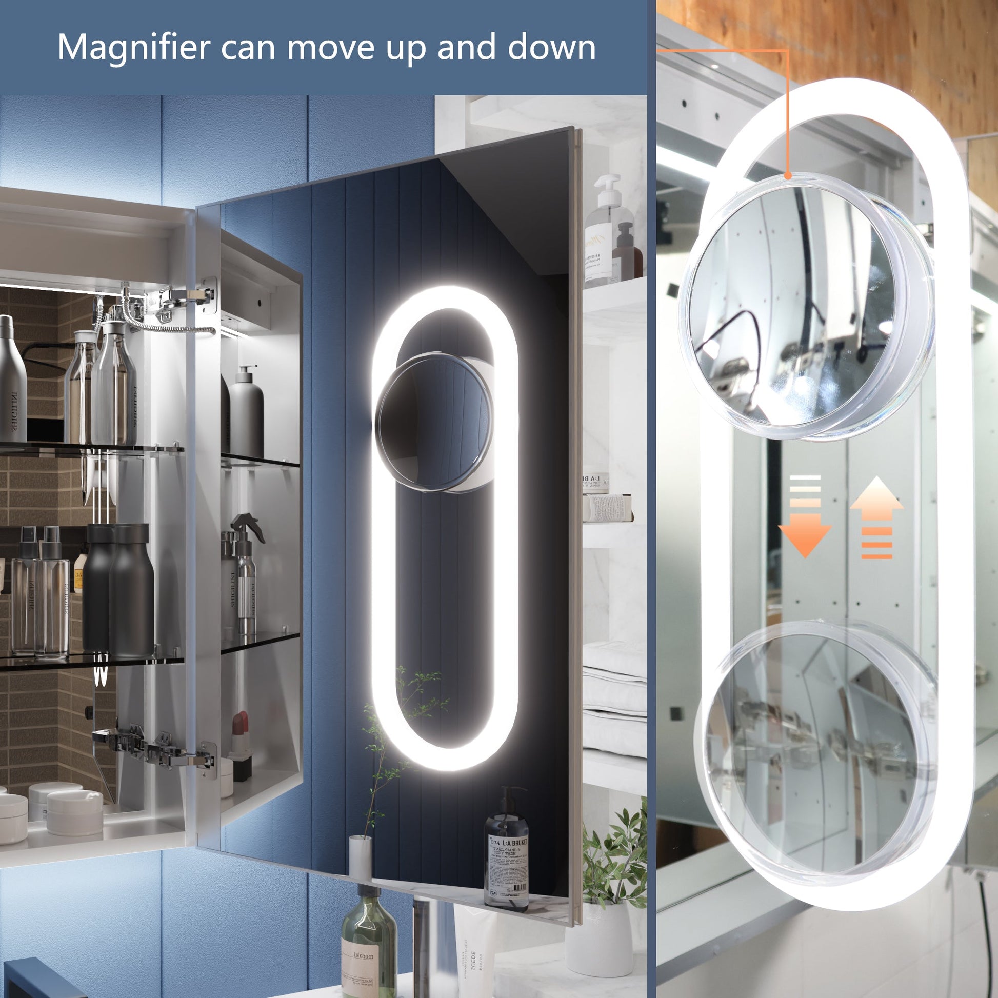 Illusion 20" x 32" LED Lighted Medicine Cabinet with Magnifiers Front and Back Light,Hinge on the Right - ExBriteUSA