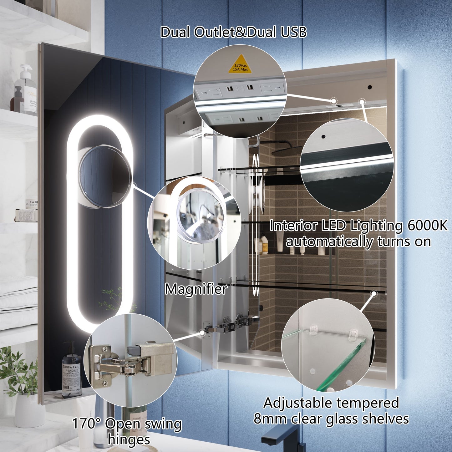LED lighted medicine cabinet with magnifiers, front and back lighting, dual outlets, USB ports, adjustable shelves, and 170° hinges.