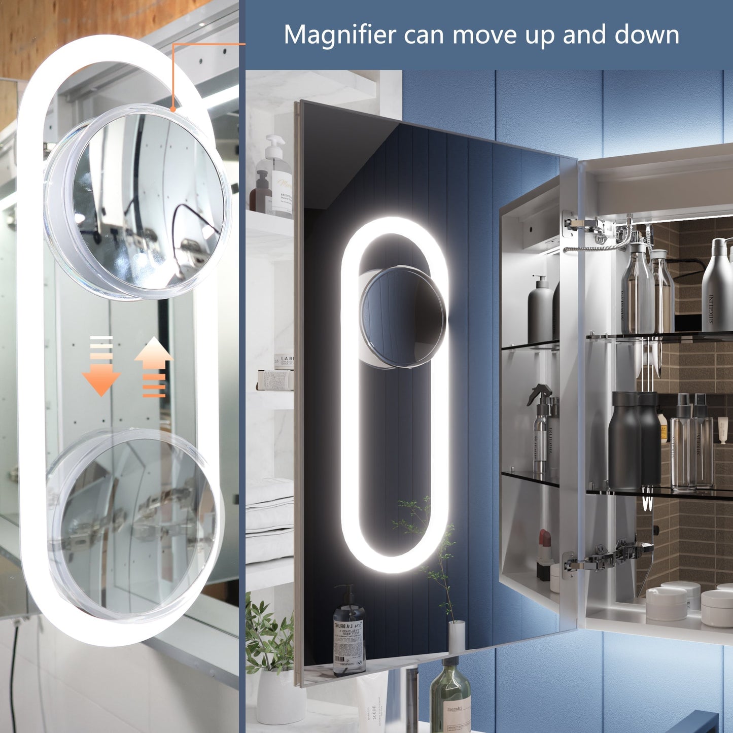 LED lighted medicine cabinet with mirror and magnifier.