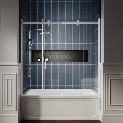 Zephyr 52-56" Semi-Frameless Single Sliding Tub Door,Chrome,Bypass Bathtub Shower Tempered Glass Door with Explosion-Proof Film