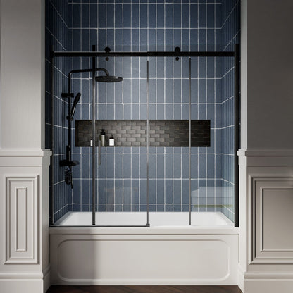 Zephyr 56-60" Semi-Frameless Single Sliding Tub Door,Matte Black,Bypass Bathtub Shower Tempered Glass Door with Explosion-Proof Film