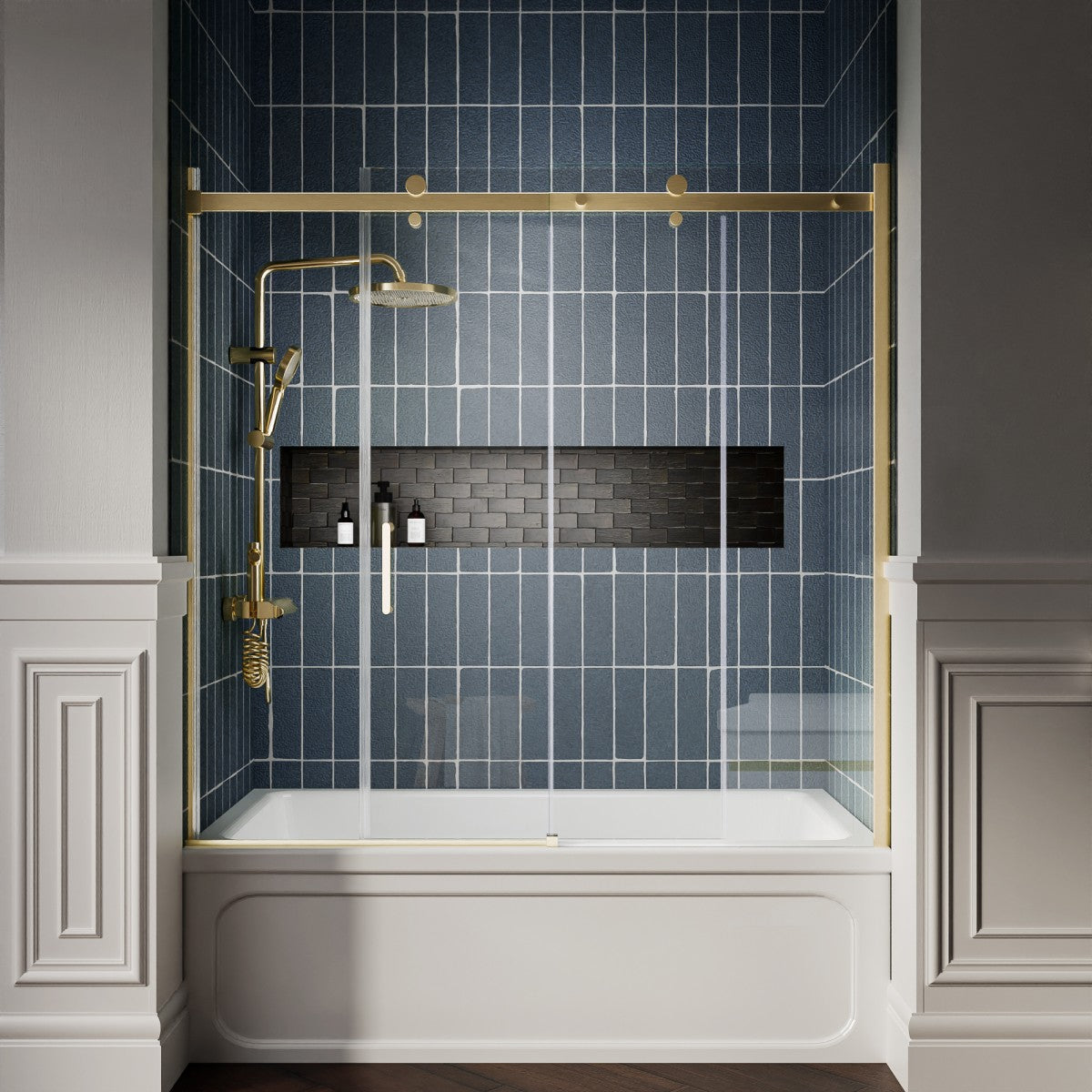 Zephyr 56-60" Semi-Frameless Single Sliding Tub Door,Brushed Gold,Bypass Bathtub Shower Tempered Glass Door with Explosion-Proof Film