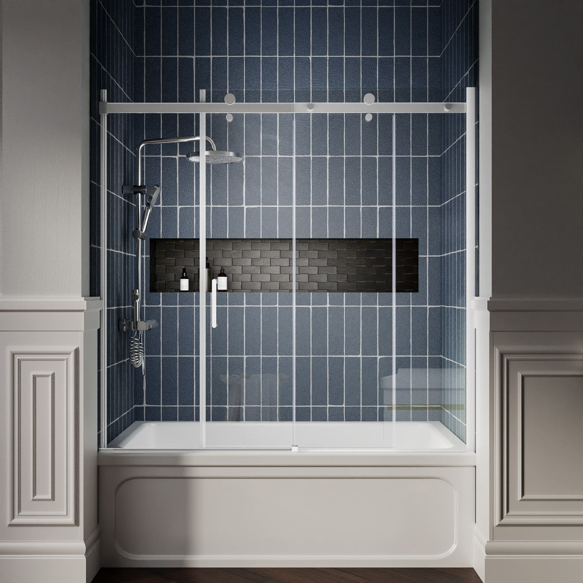 Zephyr 56-60" Semi-Frameless Single Sliding Tub Door,Chrome,Bypass Bathtub Shower Tempered Glass Door with Explosion-Proof Film