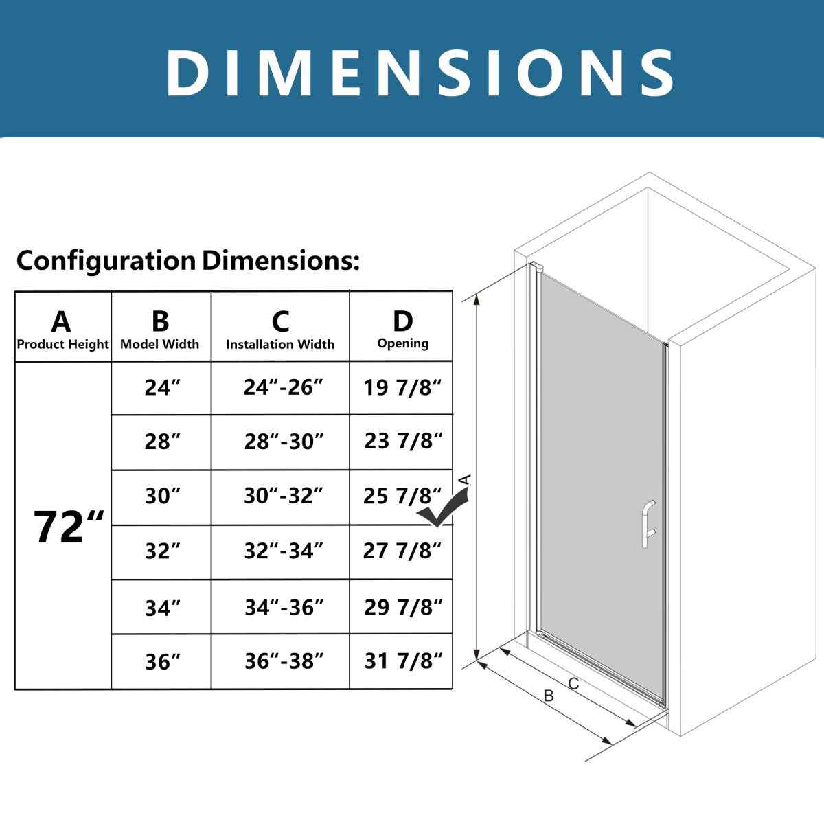 Classy 30-32" W x 72" H Pivot Shower Door Semi-Frameless Matte Black Hinged Glass Shower Door with Handle