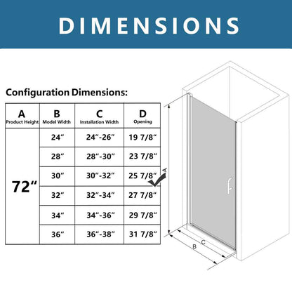 Classy 30-32" W x 72" H Pivot Shower Door Semi-Frameless Matte Black Hinged Glass Shower Door with Handle