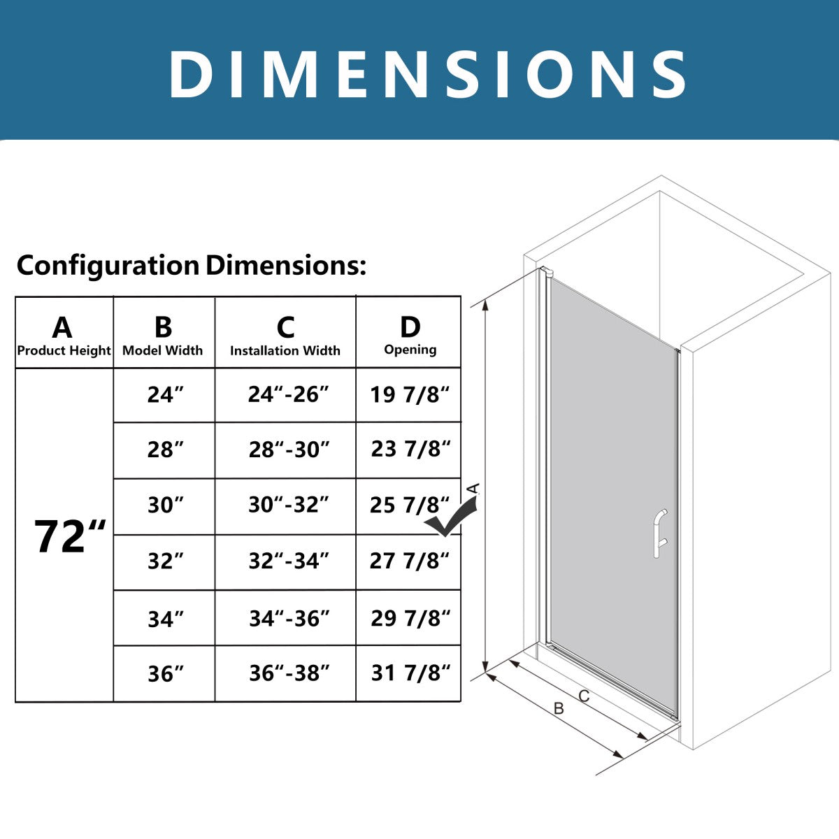 Classy 30-32" W X 72" H Pivot Shower Doors Semi-Frameless Nickel Hinged Glass Shower Door With Handle - ExBriteUSA