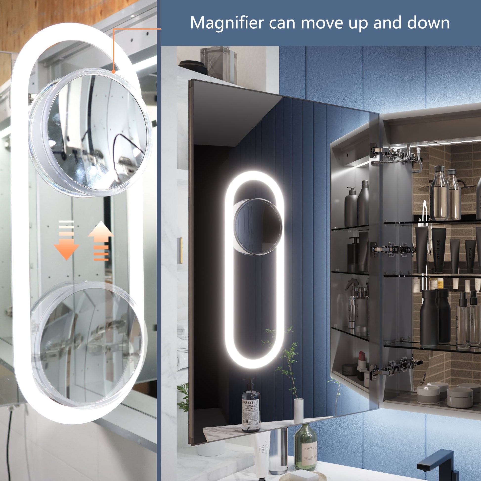 Illusion-B 24" x 32" LED Lighted Inset Mirrored Medicine Cabinet with Magnifiers Front and Back Light,Hinge on Left - ExBriteUSA