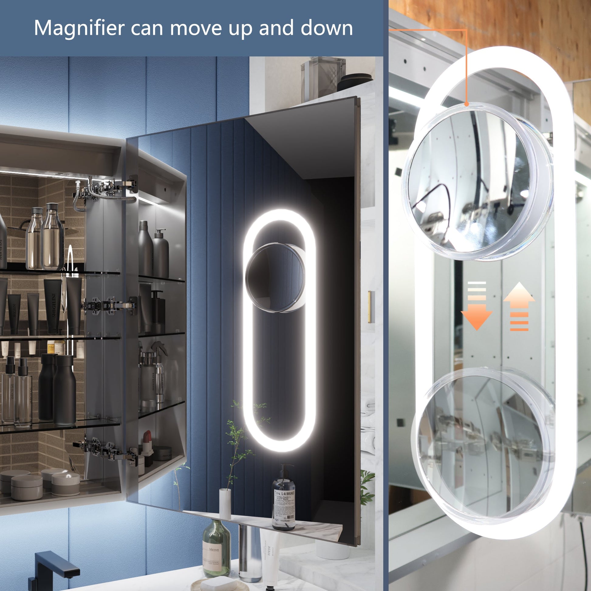 Illusion-B 24" x 36" LED Lighted Inset Mirrored Medicine Cabinet with Magnifiers Front and Back Light, Right Hinge - ExBriteUSA