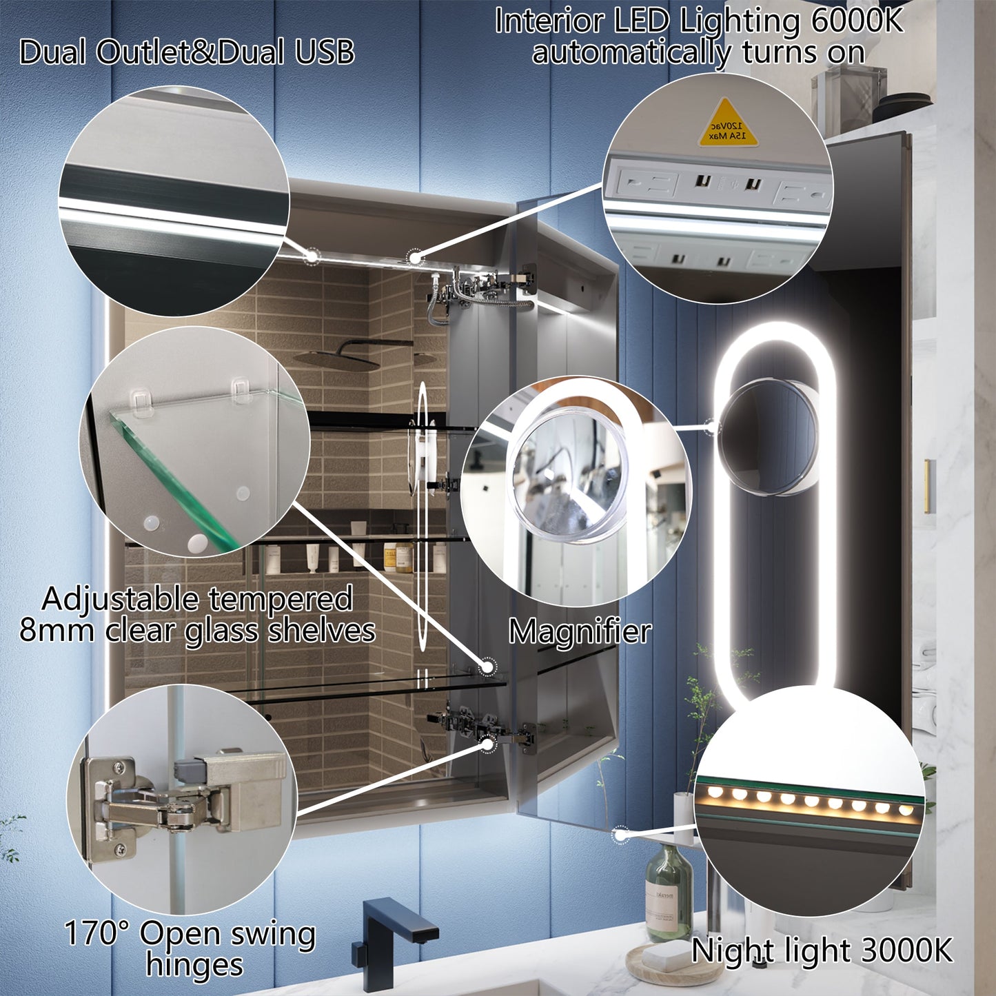 Illusion-B 24" x 32" LED Lighted Inset Mirrored Medicine Cabinet with Magnifiers Front and Back Light,Hinge on Right - ExBriteUSA