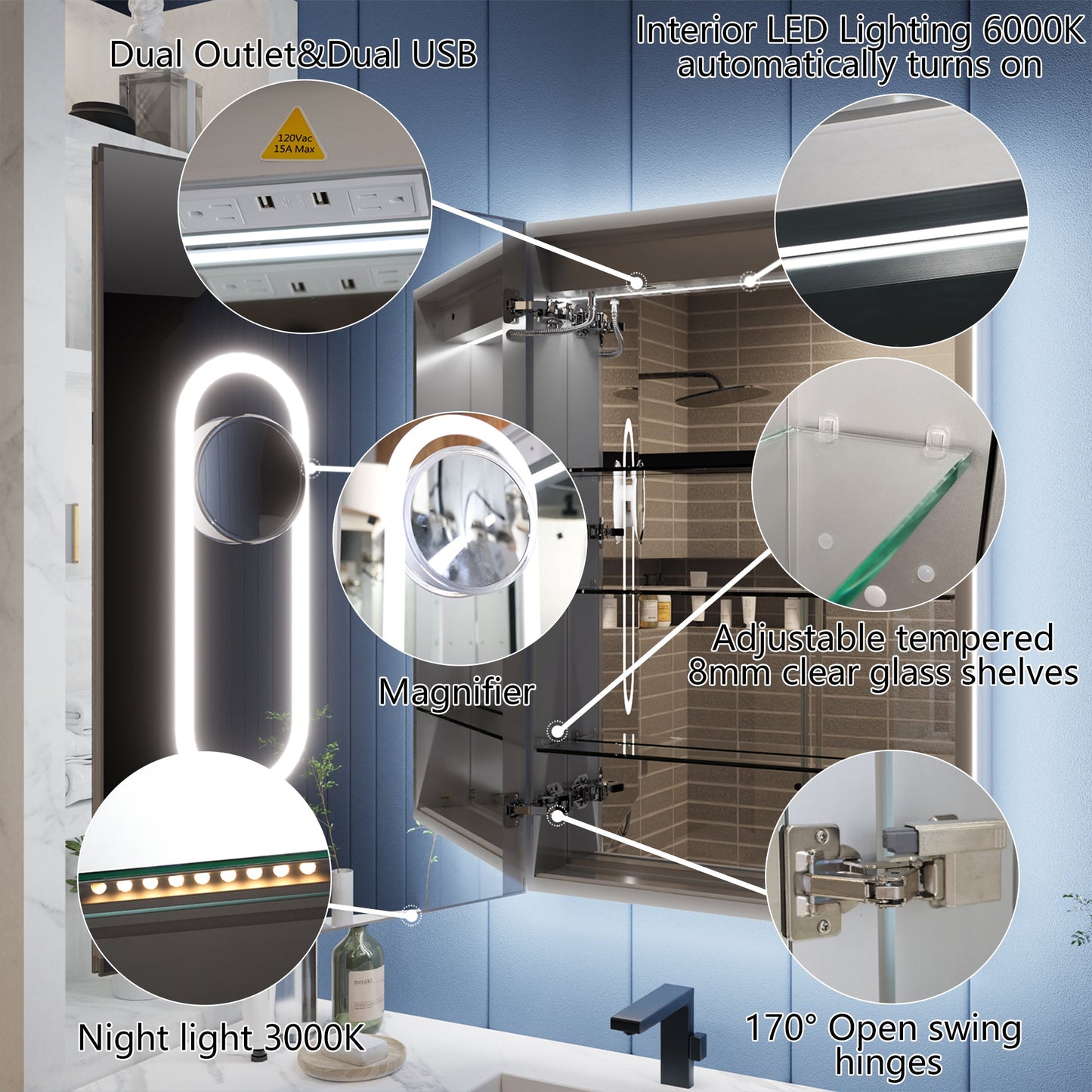 Illusion-B 24" x 32" LED Lighted Inset Mirrored Medicine Cabinet with Magnifiers Front and Back Light,Hinge on Left - ExBriteUSA
