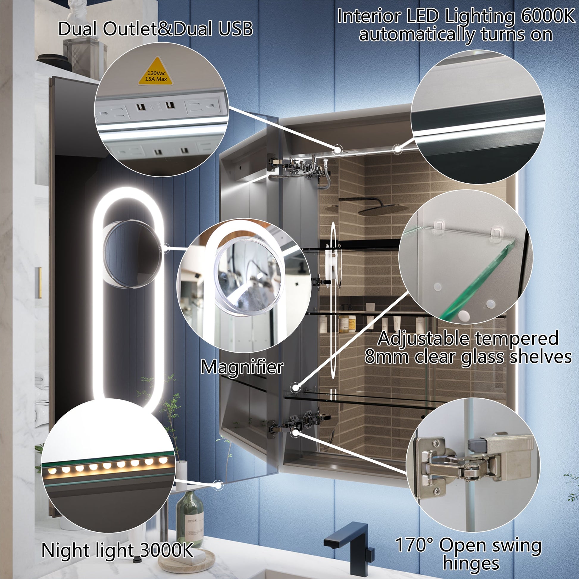 Illusion-B 24" x 32" LED Lighted Inset Mirrored Medicine Cabinet with Magnifiers Front and Back Light,Hinge on Left - ExBriteUSA