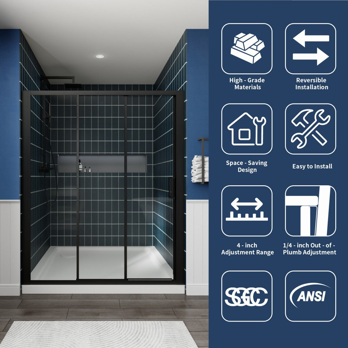 Nexus 44-48W x 70.H Easy Clean Framed Tri-Fold Sliding Shower Door with 1/4" (6mm) Clear SGCC Tempered Glass,Matte Black Finish