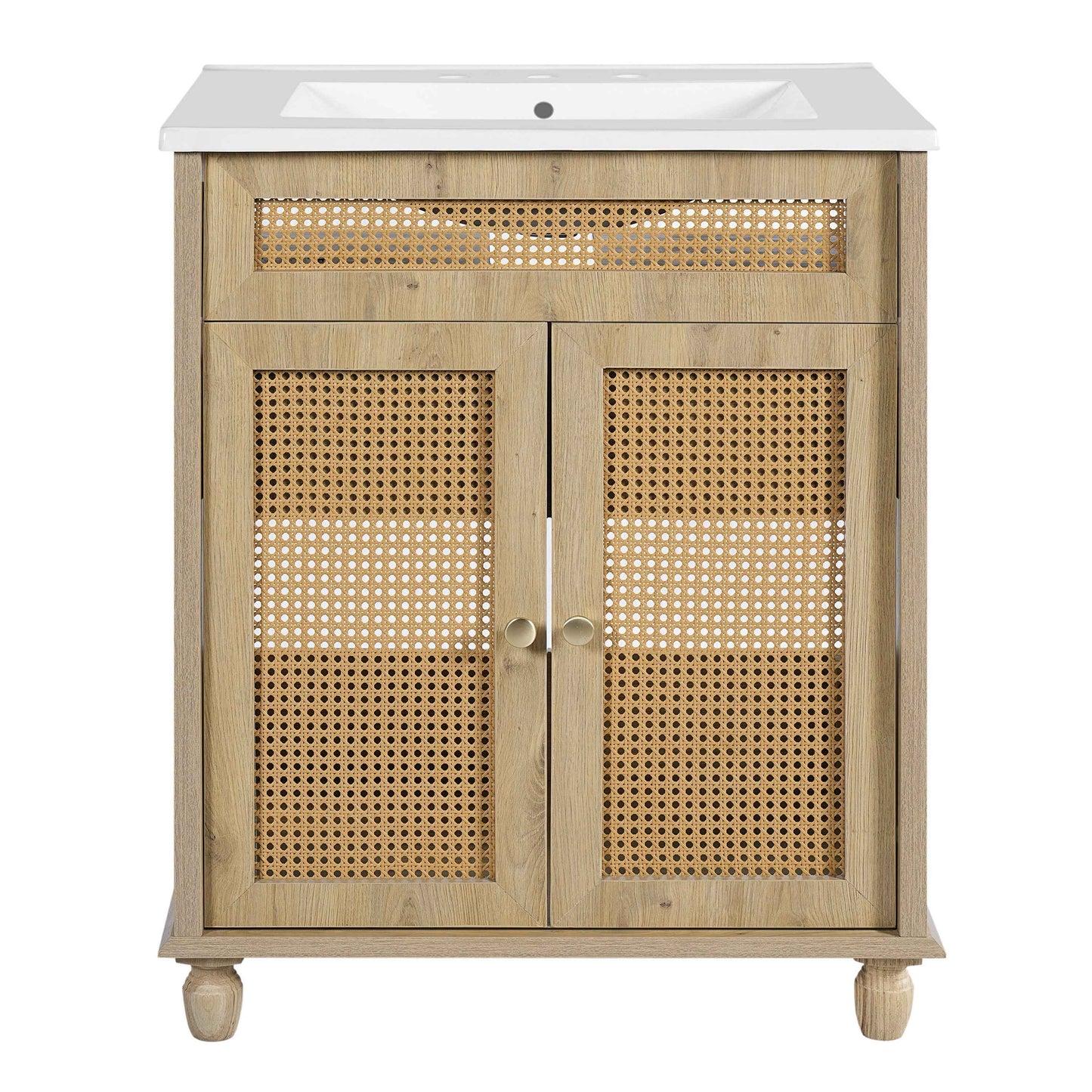 ExBrite 30" Bathroom Vanity with Resin Sink, Solid Wood Legs & Handwoven Rattan Doors for Modern Bathroom Storage