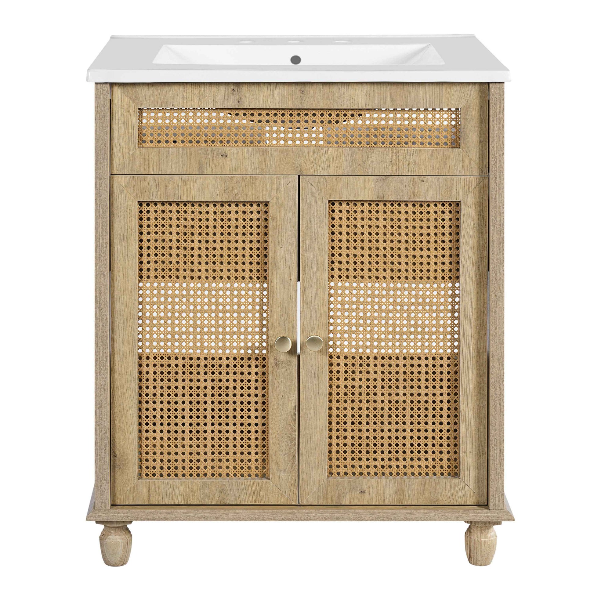 ExBrite 30" Bathroom Vanity with Resin Sink, Solid Wood Legs & Handwoven Rattan Doors for Modern Bathroom Storage