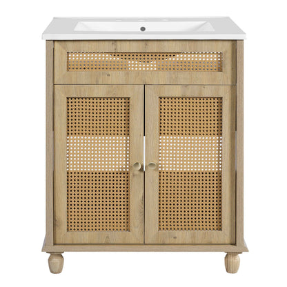 ExBrite 30" Bathroom Vanity with Resin Sink, Solid Wood Legs & Handwoven Rattan Doors for Modern Bathroom Storage